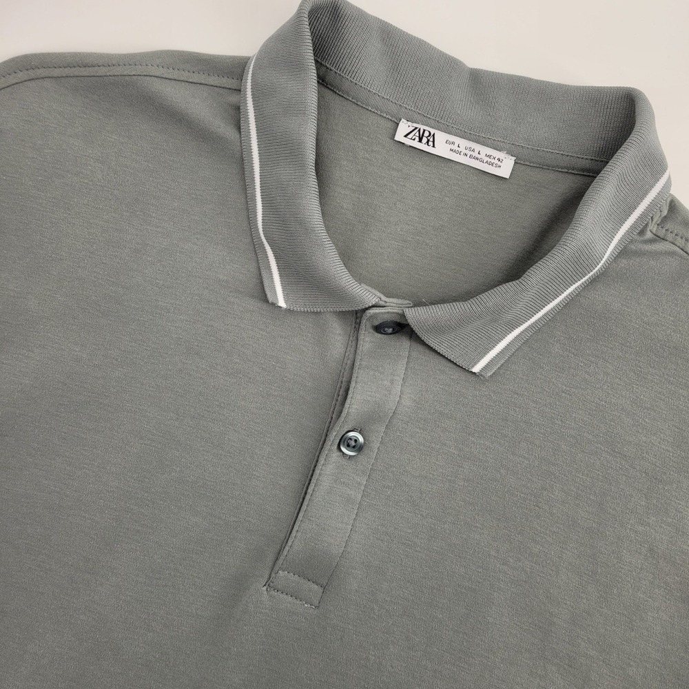 Zara Mens Large Cotton Short Sleeve Polo Shirt Grey Green Minimalist Casual